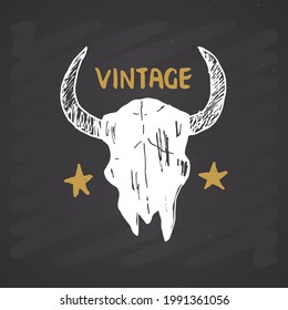 Bull or cow skull, animal head graphic print. T-shirt typography design. Vector illustration on chalkboard background.