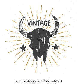 Bull or cow skull, animal head graphic print. T-shirt typography design. Vector illustration.