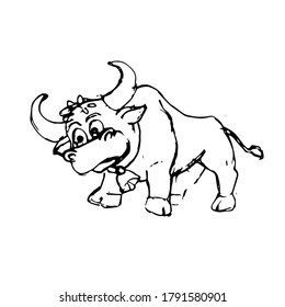 Bull, cow symbol of the year vector sketch. With big horns and a bell. Isolated white background, for calendar, postcards, print, illustration for packages, t-shirts