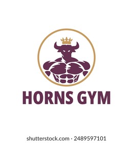 Bull Crown Horns Strong Body Muscle Animal Circle Line Logo Template