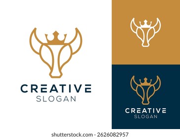 Projeto do logotipo da coroa de touro. Abstrato cabeça de búfalo com design de logotipo coroa