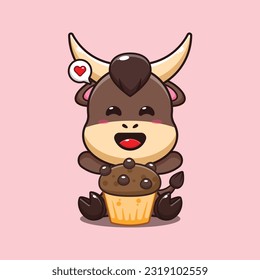 bull with cup cake cartoon vector illustration.