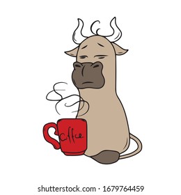 
Bull with a Cup of coffee, sleepy expression on his face. Sticker, vector children's design for banners, postcards and social networks.