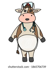 bull doctor with a hat on his head. vector doodle illustration
