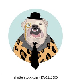 bull dog in fashion leopard print suit vector illustration portrait
