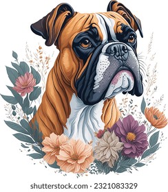 Bull dog isolated portrait covered with flowers and leaves. This artwork is in watercolor style and detailed with floral splash. Muted colors used and fine detailed the doggy.