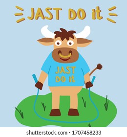 Bull doing a workout with jumping rope outdoors,  lettering just do it, symbol 2021 year, vector illustration 