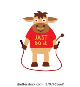 Bull doing a workout with jumping rope,  lettering just do it on t-shirt, symbol 2021 year, vector illustration isolated on a white