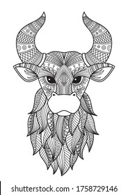 Bull doodle coloring book page. Antistress for adult. Zentangle style. Chinese symbol of the year the bull in the eastern horoscope. Black and white illustration
