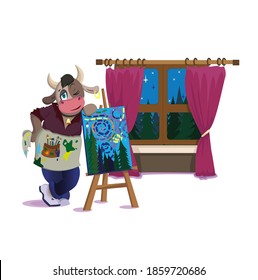 El toro dibuja una vista desde la ventana con pinturas sobre lienzo
