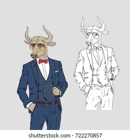 bull dressed up in classy style, anthropomorphic illustration, fashion animals