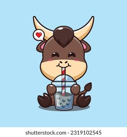 bull drink boba milk tea cartoon vector illustration.