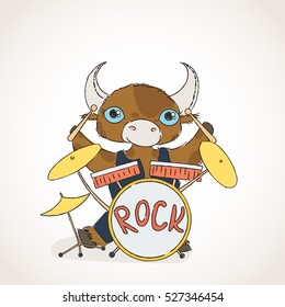 Bull drummer. Doodle rock animal. Vector illustration.