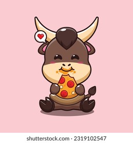 bull eating pizza cartoon vector illustration.