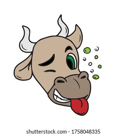 Bull face, expression of intoxication. Sticker, vector children's design .Design of banners, postcards, and social networks.
