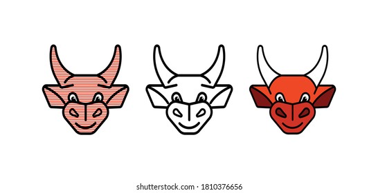 Bull face. Set. Symbol of 2021. Design element. Vector illustration.