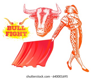 Bull fight, matador, bullfighter. Bull head illustration in engraving style. Hand drawn vector illustration of toreador. Red elements isolated on white background