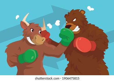 Bull fighting bear stock market trading business concept with boxing gloves.