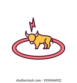 Bull fighting RGB color icon. Enraged bison. Spanish bullfighting. Animal abuse for entertainment. Arena performance. Rodeo event. Cruelty and violence. Isolated vector illustration