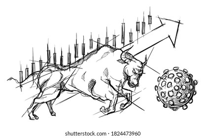 Bull fights corona virus market stock positive trend during pandemic hand drawn sketches white isolated background
