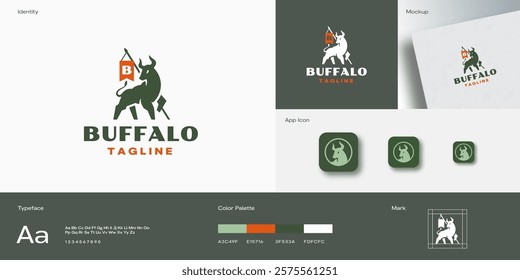 Bull with Flag Spear Vector Logo Template. Buffalo Icon Silhouette Ox with Banner Creative Bison Animal Emblem. Beef Meat and Steak Concept Identity App Guide with Modern Typography