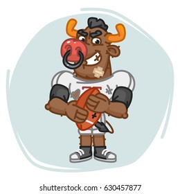 Bull Football Player Angry Holds Ball. Vector Illustration. Mascot Character.