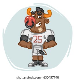 Bull Football Player Holding Hands on Waist. Vector Illustration. Mascot Character.