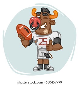 Bull Football Player Holds Ball Shows Thumbs Up and Winks. Vector Illustration. Mascot Character.