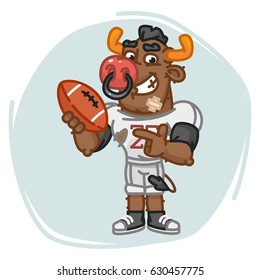 Bull Football Player Points on Ball. Vector Illustration. Mascot Character.