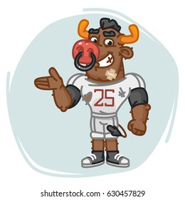 Bull Football Player Shows. Vector Illustration. Mascot Character.
