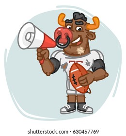 Bull Football Player Speaks Into Megaphone and Holds Ball. Vector Illustration. Mascot Character.