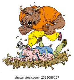 Bull football player stepping on a pig from the opposite team that sinks in the mud. Angry bull full of sweat and a pig during an american football game. Sport illustration concept.