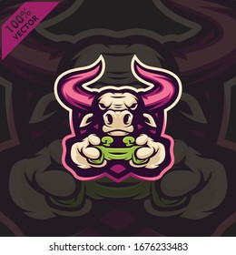 Bull Gamer holding Game-pad Joystick. Mascot logo design modern illustration concept style for badge, emblem, tshirt printing. Gamer illustration for esport team. Scalable and editable Vector.