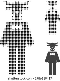 Bull gentleman halftone dotted icon. Halftone array contains circle pixels. Vector illustration of bull gentleman icon on a white background.