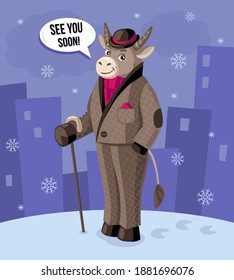 Bull Gentleman, Symbol of 2021, Bull Character in Brown Plaid Suit, Hat and Walking Stick, Lettering See You Soon, Winter Cityscape Background, Vector Illustration