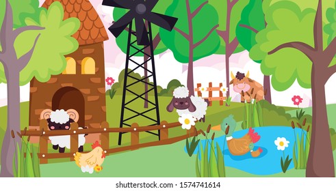 bull goat sheep hen ducks in lake windmill farm animals vector illustration