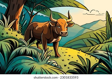 the bull is going down the hill.Vector art animal