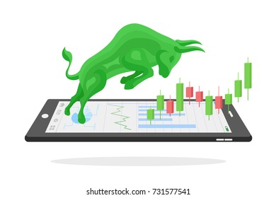Bull with graph on tablet,financial concept on white