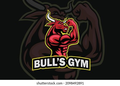 Bull Gym Logo Character Design Bodybuilder Posing Muscular Body Vector Sports Mascot