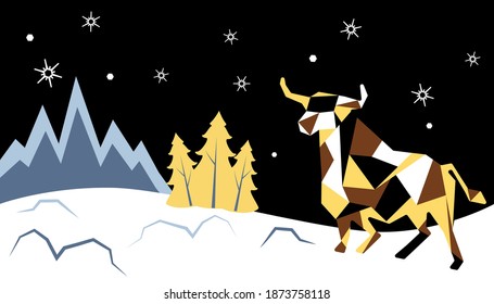 Bull. Happy new year and christmas card design. Vector illustration. Modern style. Black background.