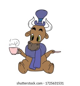 A bull in a hat and scarf is drinking tea, holding a Cup and saucer.Sticker, vector children's design for banners, postcards and social networks.