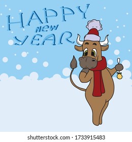 A bull in a hat and scarf holds a Christmas toy, 2021.sticker, vector children's design for banners, postcards and social networks.