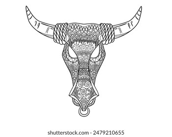 bull head black and white coloring page isolated on white