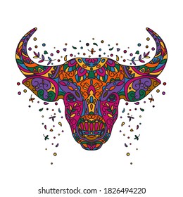 Bull head. Bright colorful ornamental hand drawing for coloring. Vector icon isolated on white background.