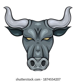 Bull head cartoon. The symbol of the new year 2021. Gray metal buffalo with horns. Vector flat illustration of animal head for logos, badges and your designs.