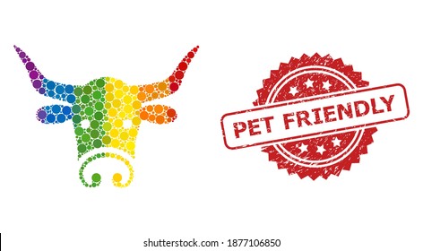 Bull head collage icon of spheric dots in variable sizes and LGBT color hues, and Pet Friendly unclean rosette seal. A dotted LGBT-colored Bull head for lesbians, gays, transgenders,