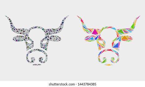 Bull head collage icon of triangle elements which have various sizes and shapes and colors. Geometric abstract vector design concept of bull head.