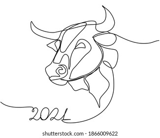 Bull Head Continuous One Line Drawing. Chinese New Year 2021 Year Of The Bull Drawing In Modern Minimalist Style. Vector New Year Illustration.