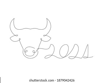 Bull head continuous one line icon. Domestic animal linear silhouette isolated on the white background. Zodiac Chinese vector symbol. New Year 2021 sign. 