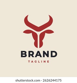 Projeto da cabeça de touro. Abstrato cabeça de touro estilizado com chifres ícone. Logotipo para churrascaria, restaurante de carne ou talho. Símbolo tauro. Ilustração vetorial.
